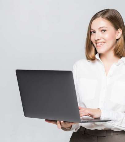 Attractive businesswoman with laptop against on white background